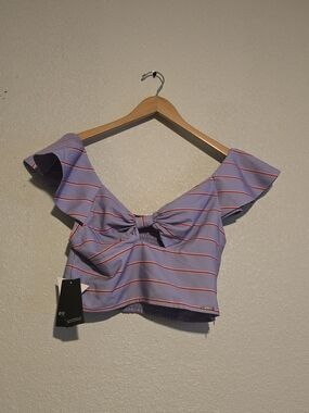 GUESS Lavender Stripe Tie-Front Ruffle Crop Top